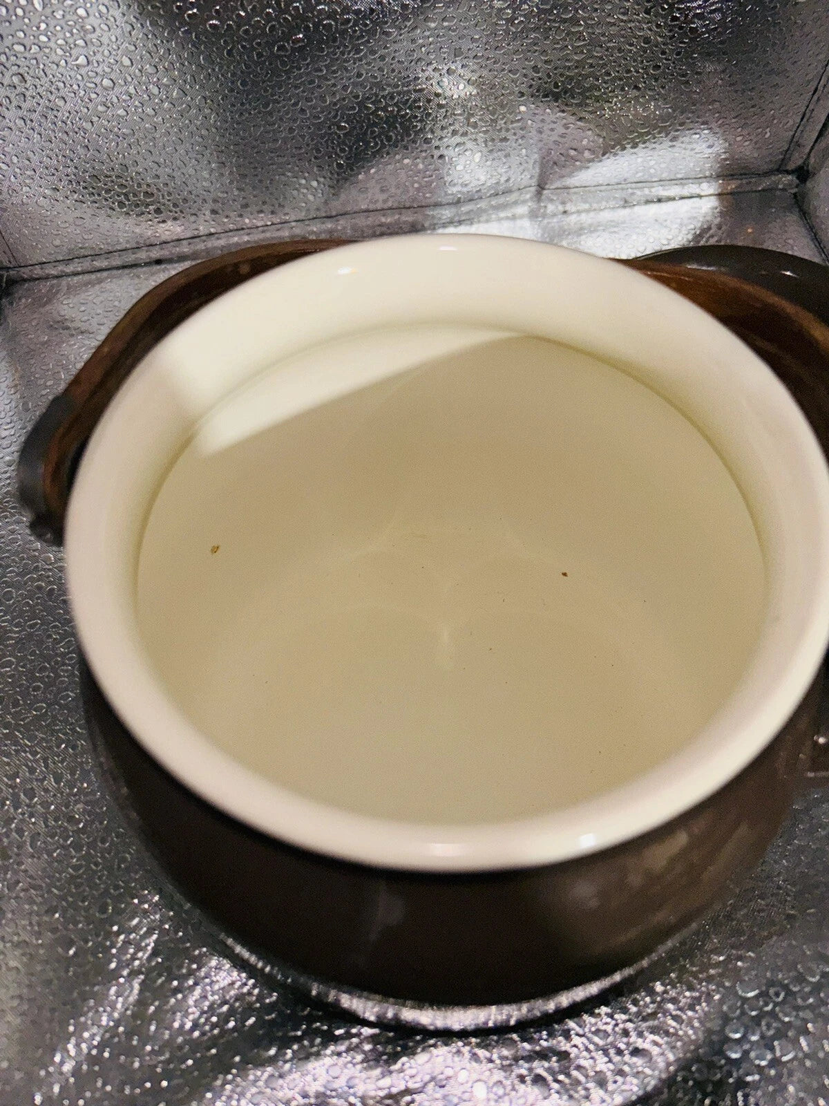 Vintage Small Brown  Enamelware Tea Pot Kettle Wood Handle 6.5" x 4.75"