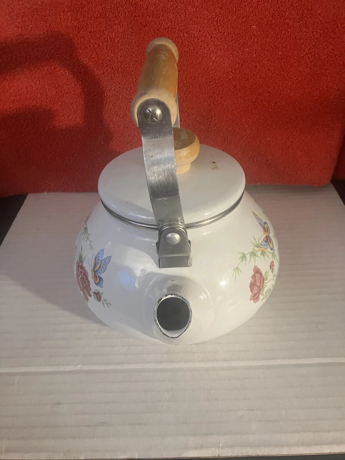 VTG Enamel White Tea Pot Kettle Wood Handle Spring Flowers & Butterflies DWK | eBay