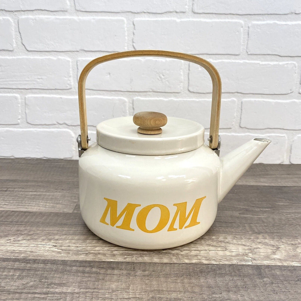 Vintage Beige Enamel Ware Mom Tea Pot Kettle Wood Handle Retro MCM Mother’s Day
