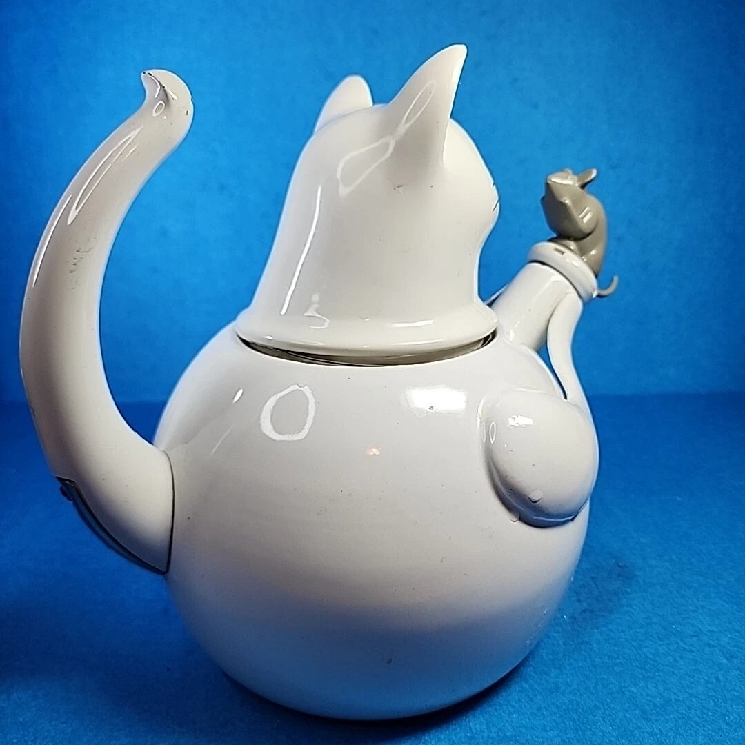 Vtg Enamelware Teapot Cat Mouse Whistling Tea Kettle White Tail Handle Enamel | eBay