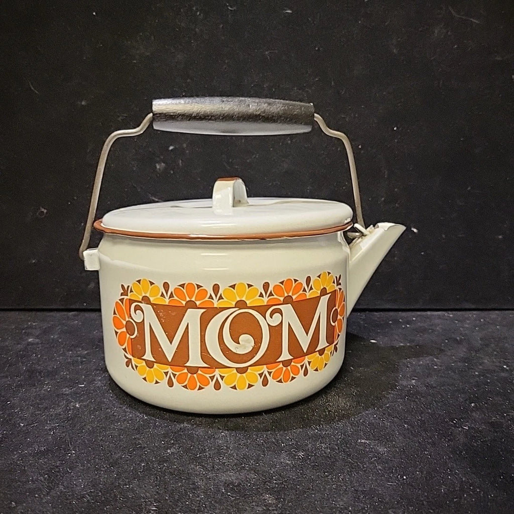 Vintage Enamelware White Teapot Tea Kettle MOM 70's Mother's Day Ideas