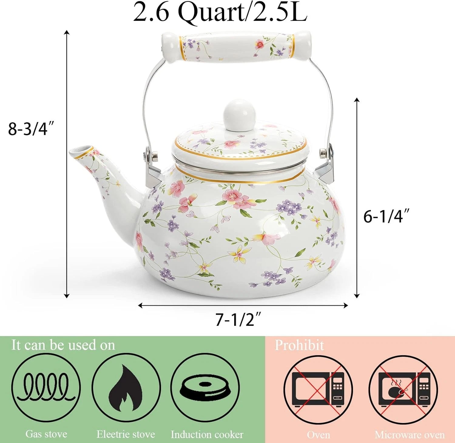 Vintage Enamel Tea Kettle, 2.6 Quart Floral Enamel Water Kettle Teapot