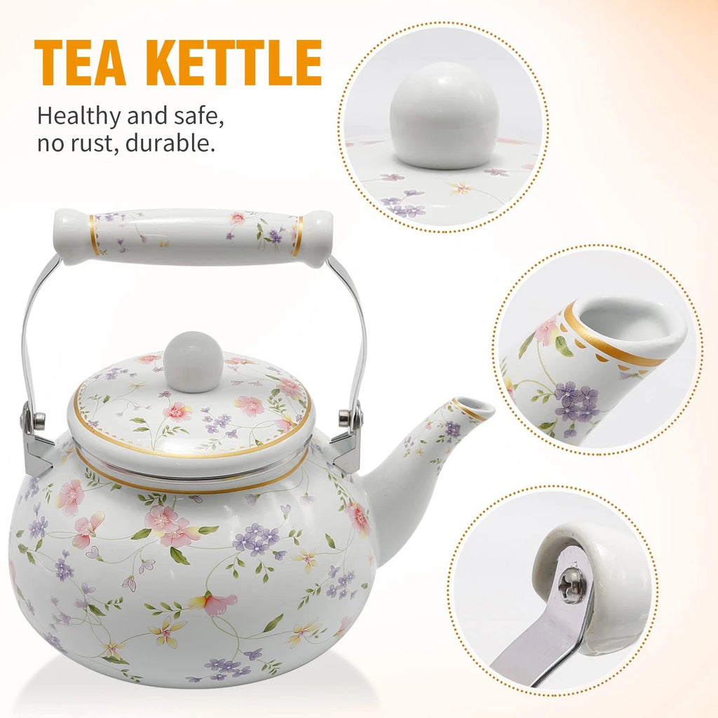 Enamel Teakettle Floral Teapot for Stovetop, 2.5L Large Green Floral Tea Kett...