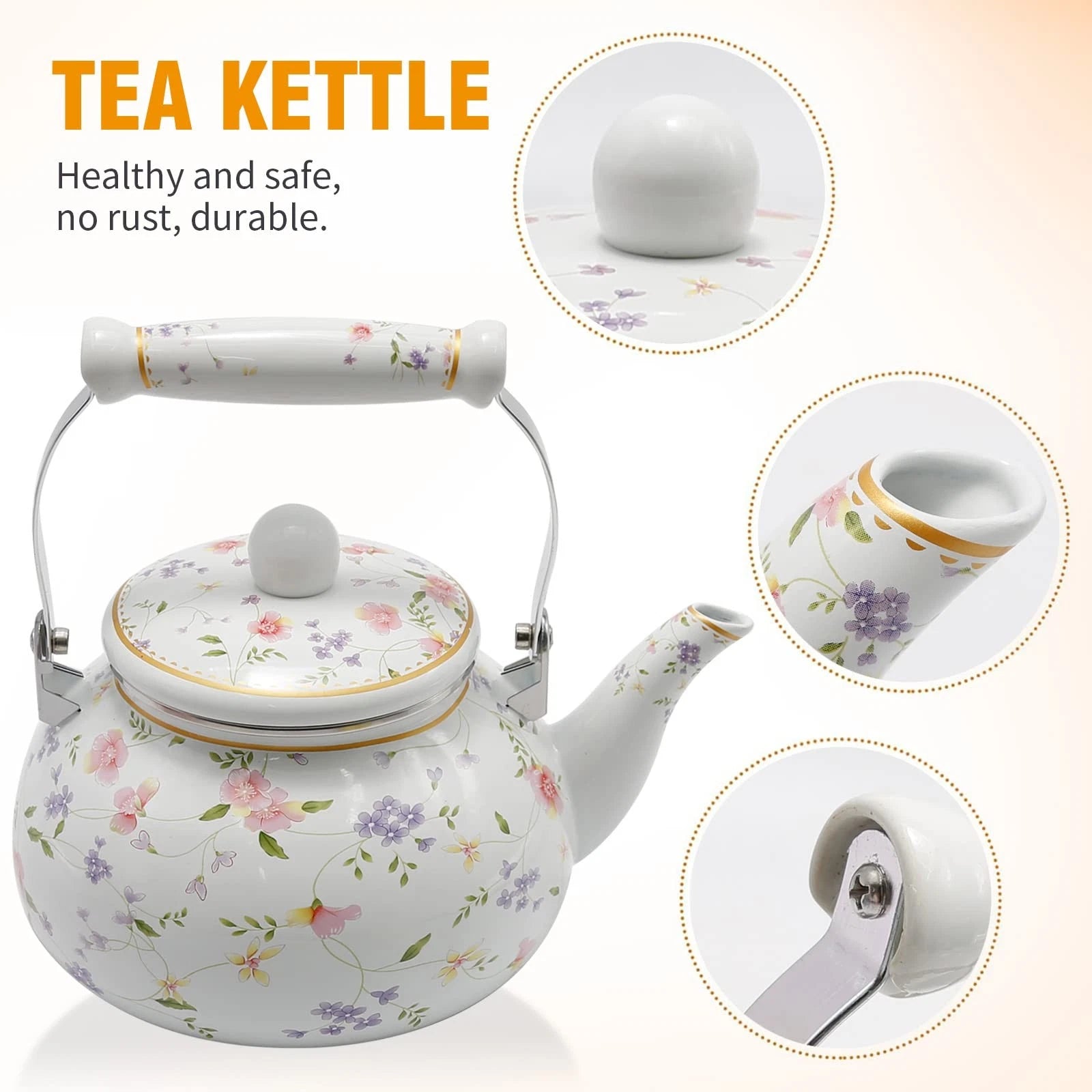 Enamel Teakettle Floral Teapot for Stovetop, 2.5L Large Green Floral Tea Kett...