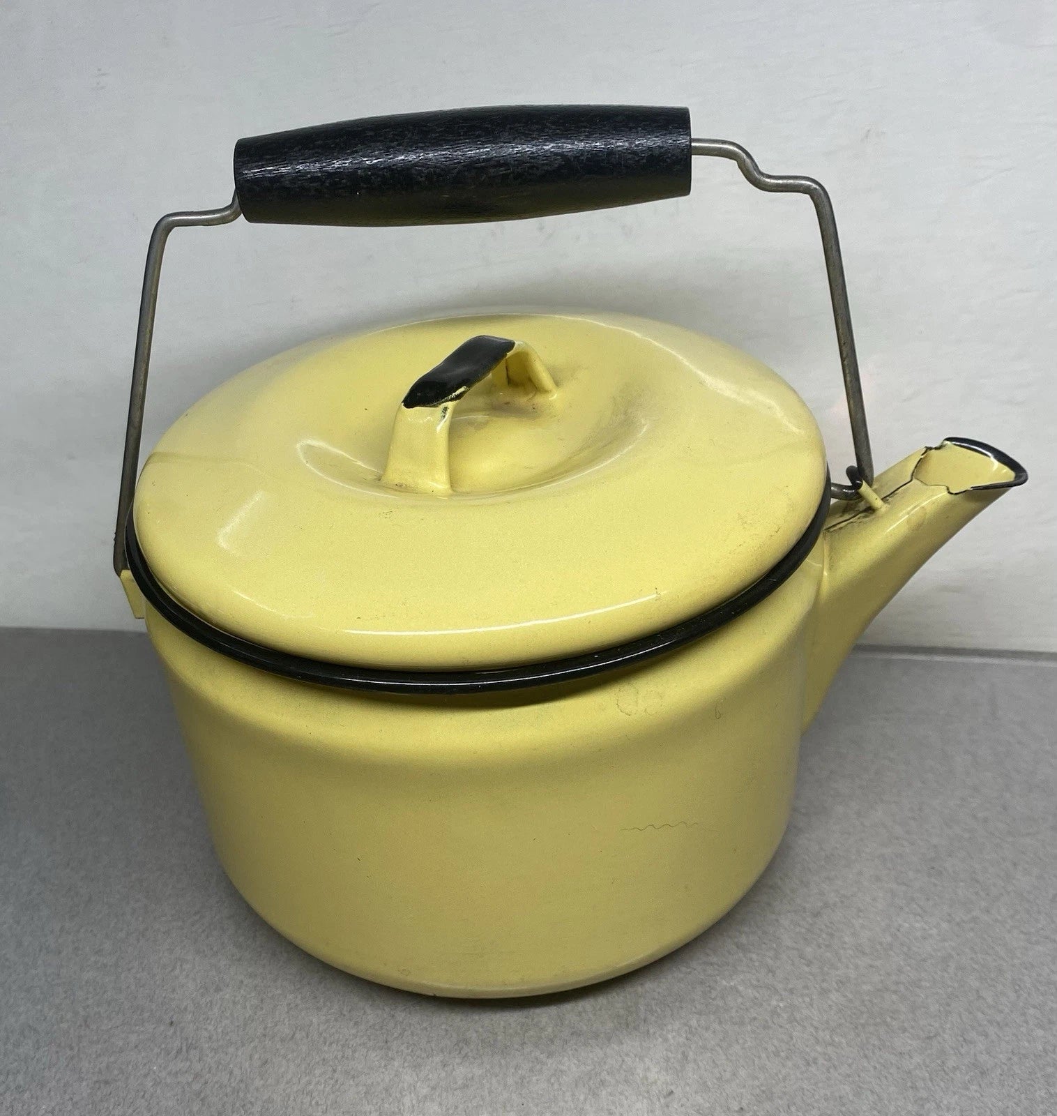 Vintage Yellow & Black Enamel Ware Teapot