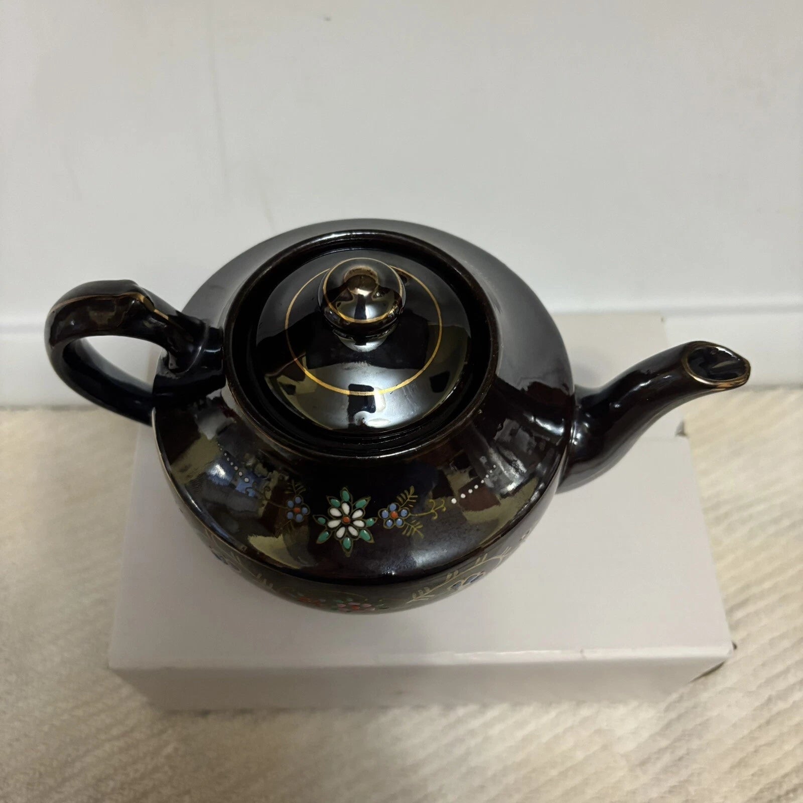 Vintage Japanese Redware Teapot Brown Betty Moriage Enamel Hand Painted Art Deco
