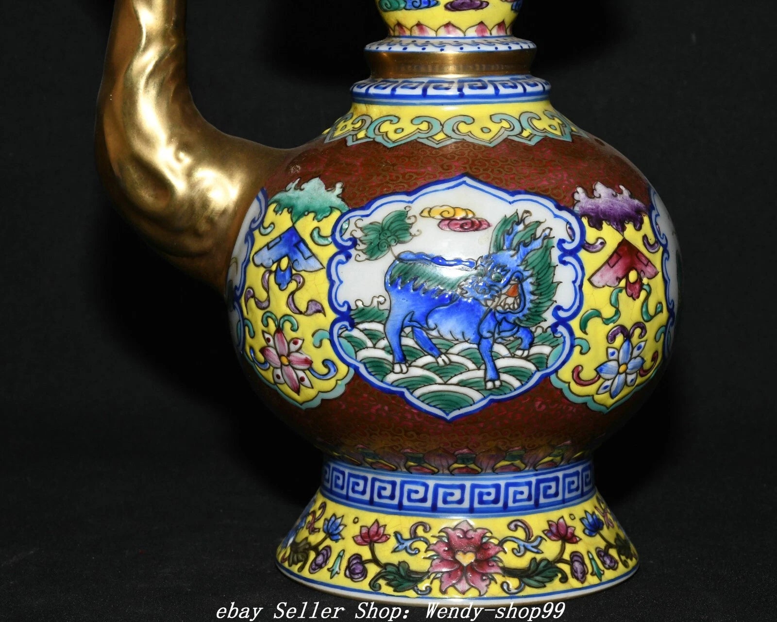 8" Qianlong Colour Enamel Porcelain Gilt Dragon Qilin Lotus Wine Tea Pot Flagon