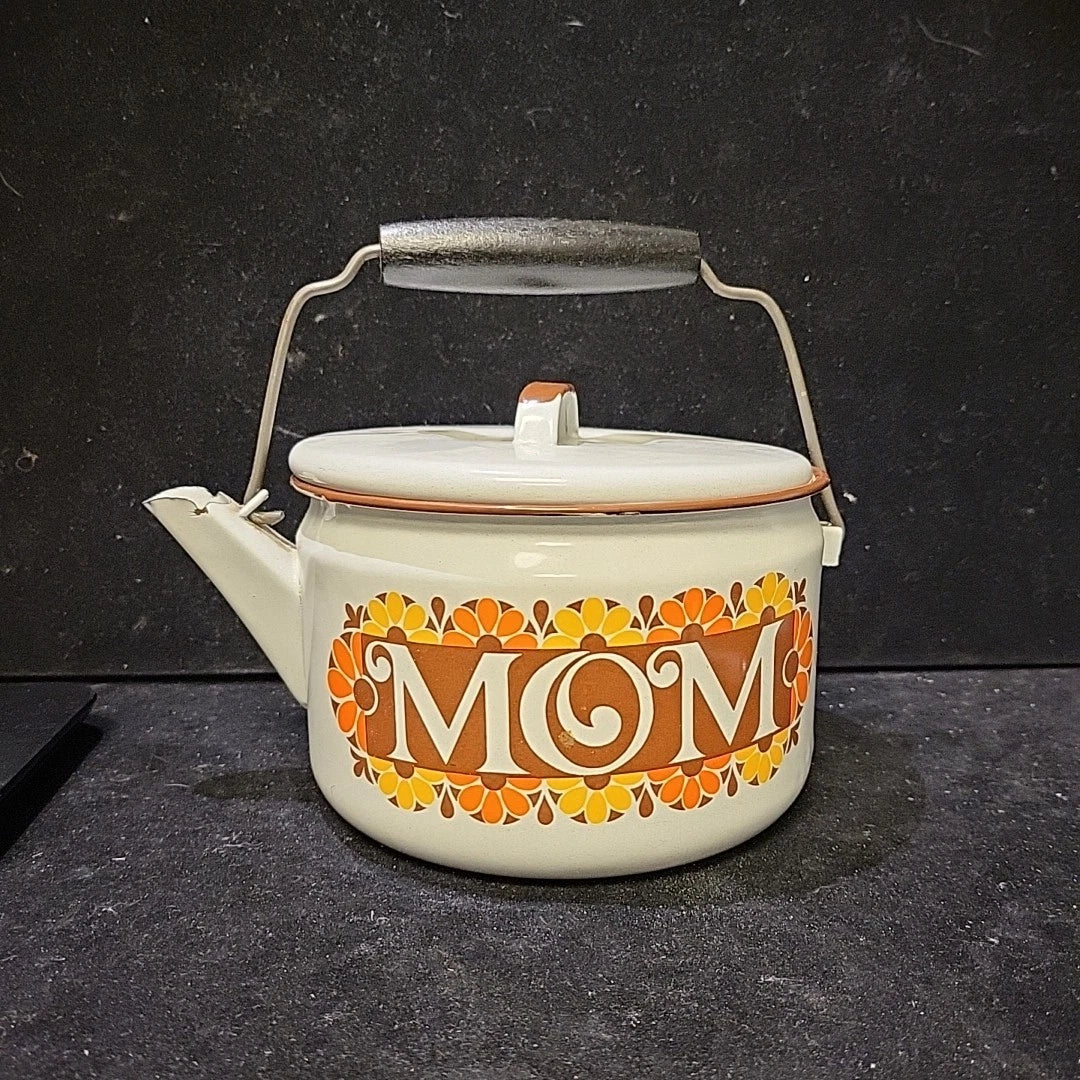 Vintage Enamelware White Teapot Tea Kettle MOM 70's Mother's Day Ideas