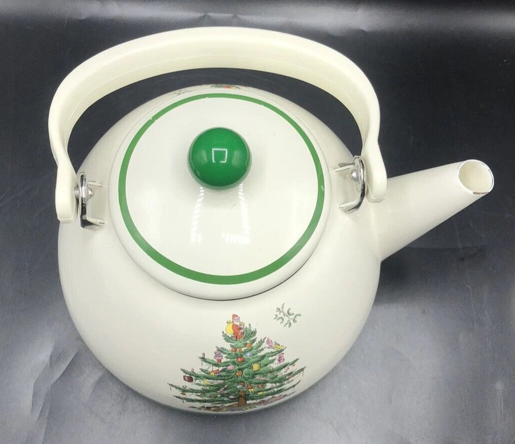 SPODE Christmas Tree Enamel On Steel Tea Kettle w Swing Handle Teapot Vtg