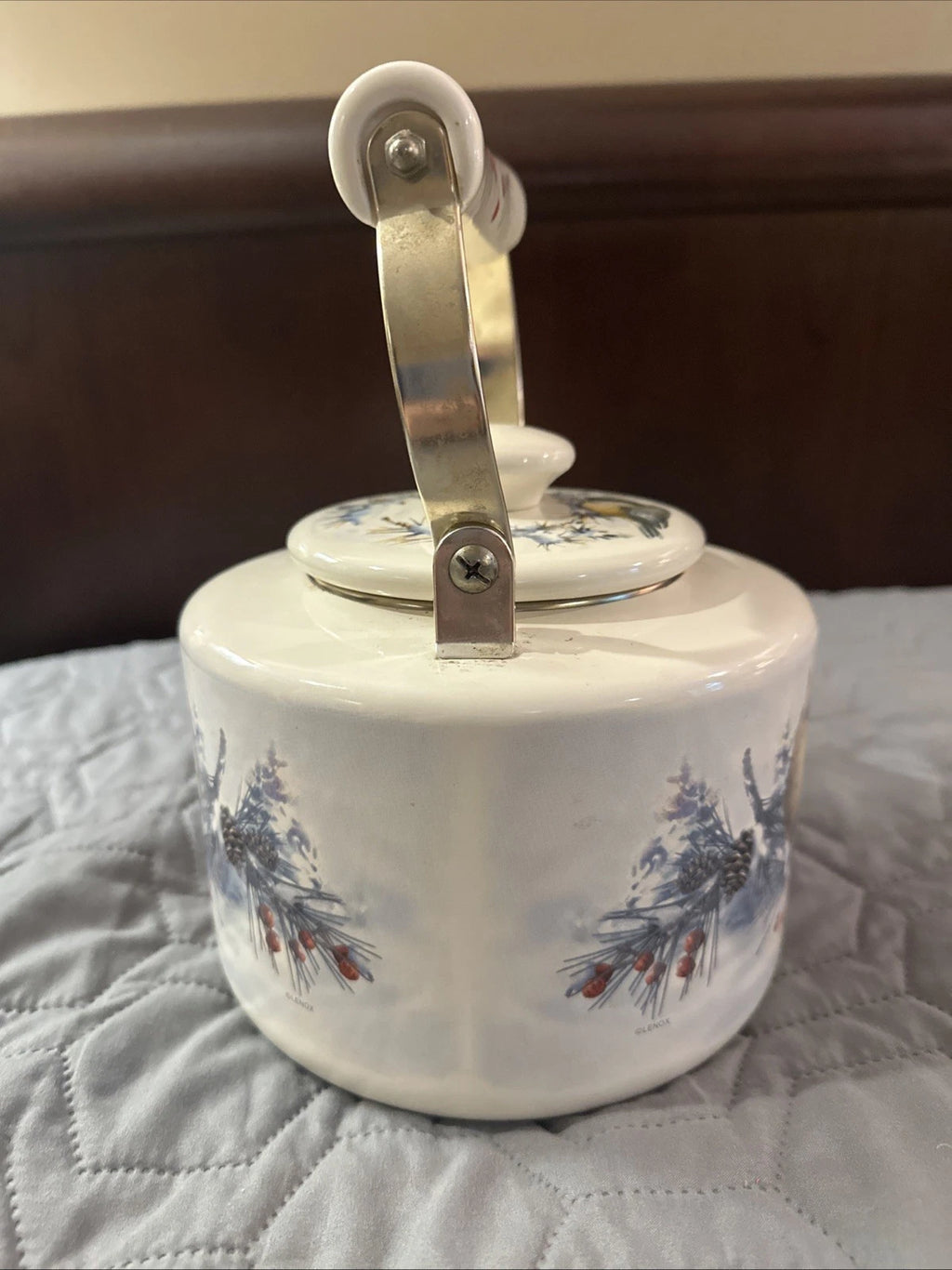 Lenox Winter Greetings Scenic Enamel Tea Kettle Cardinals Chickadee Holiday