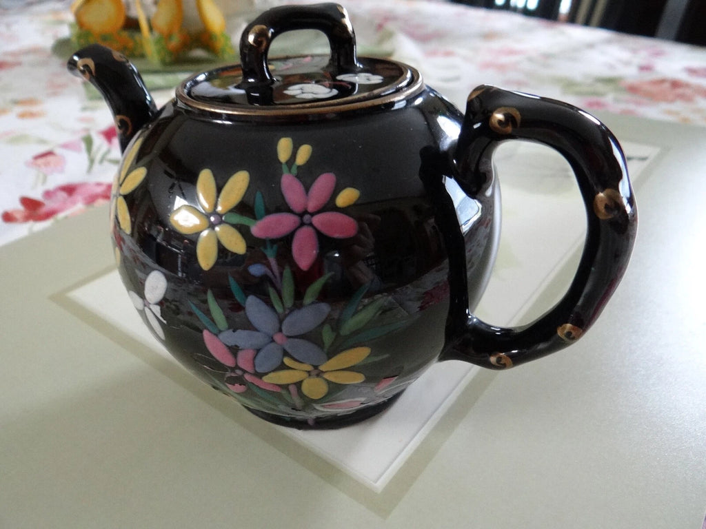 Vintage Black Tea Pot Hand Painted Enameled Flowers England Red Clay | eBay