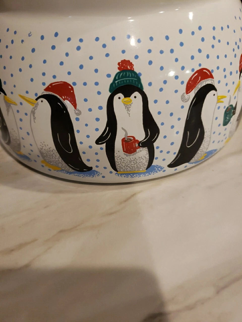 Polar Bear & Penguin 3qt Porcelain Enamel Roschko Teapot,  Christmas Tea Kettle