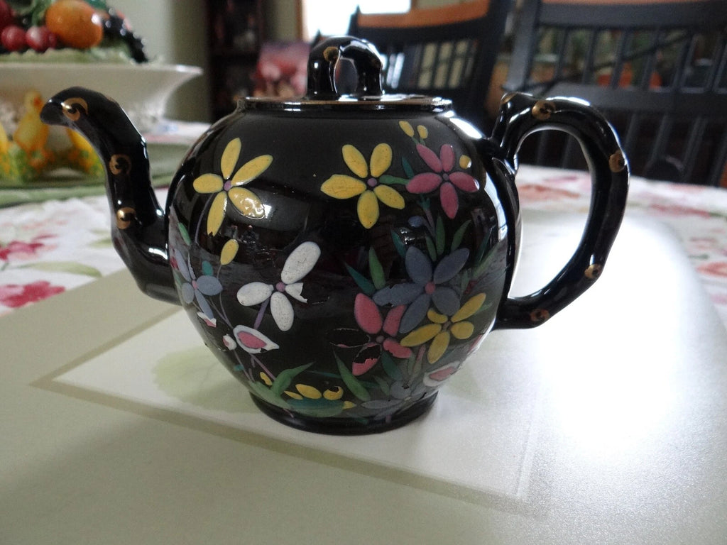Vintage Black Tea Pot Hand Painted Enameled Flowers England Red Clay | eBay
