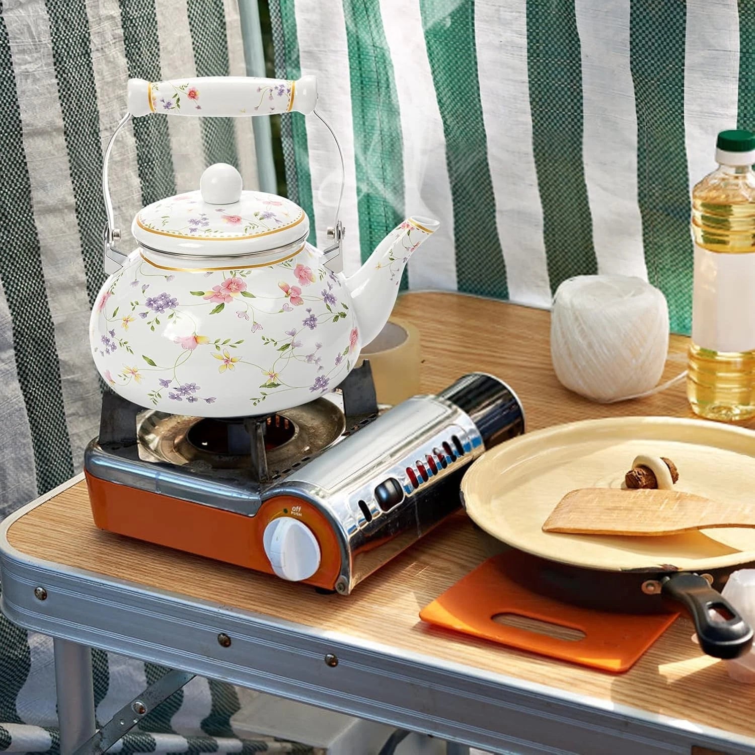 Vintage Enamel Tea Kettle, 2.6 Quart Floral Enamel Water Kettle Teapot