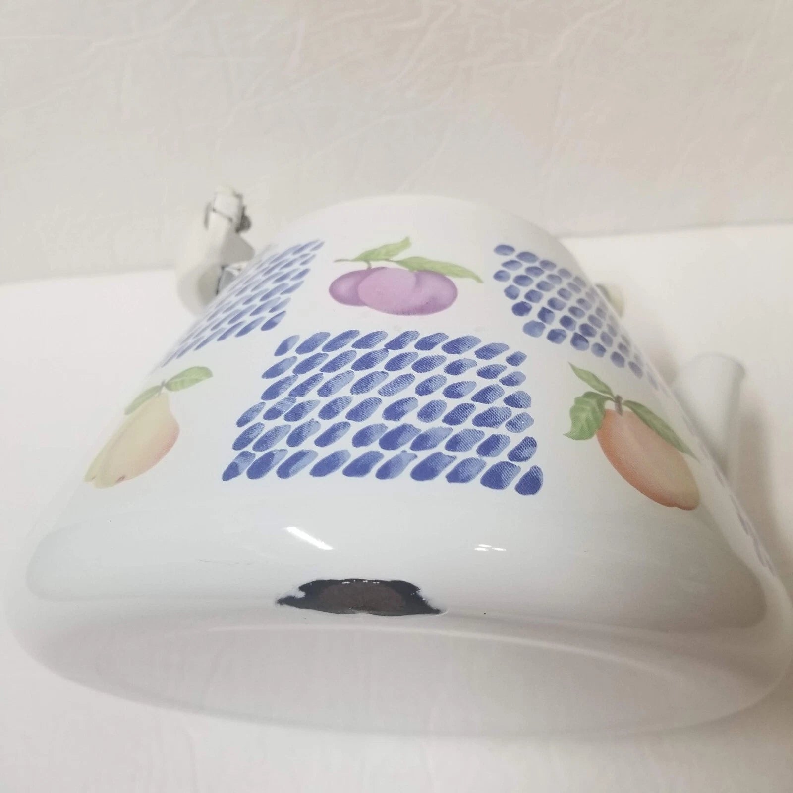 White Enamel Teapot Fruit Pear Cherries Plum Peach Blue 2 Qt Decorative Tea Pot | eBay