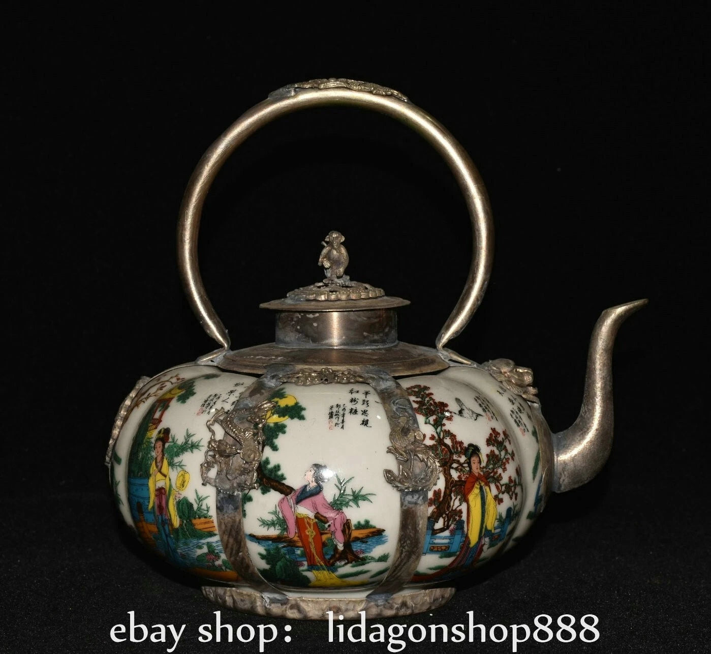 6.8" Old Chinese Silver Enamel Porcelain Beauty Belle Portable Kettle Teapot