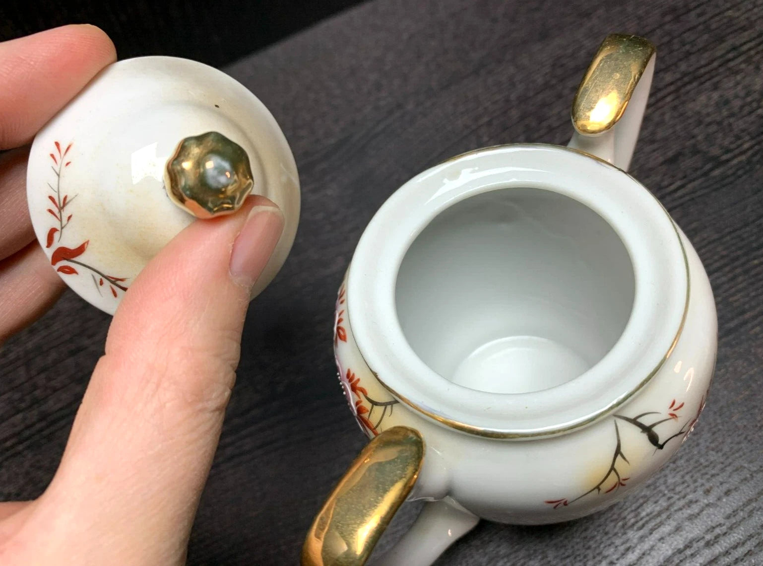 VTG JAPANESE FLORAL TEA COFFEE POT / SUGAR / CREAMER Enamel Detail, Gold Trim