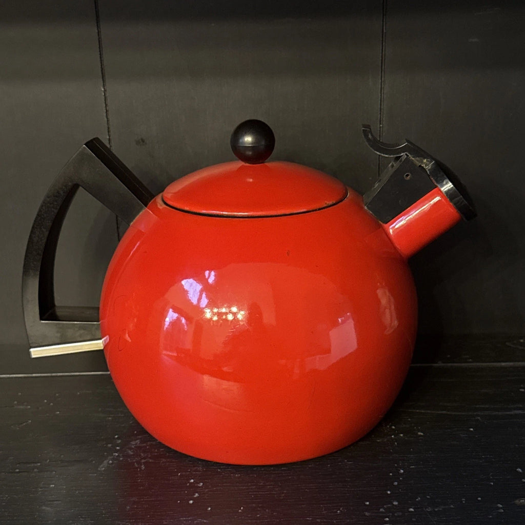Vintage Red Enamel Tea Kettle Copco Tea Pot Black Handle MCM