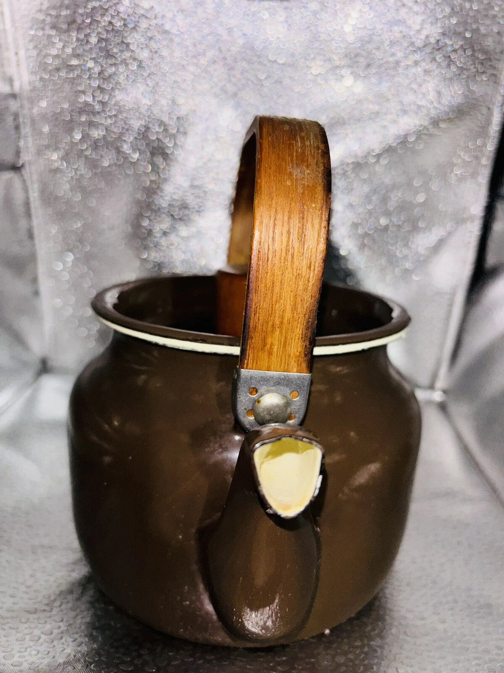 Vintage Small Brown  Enamelware Tea Pot Kettle Wood Handle 6.5" x 4.75"