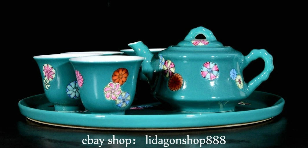 10.3" Yongzheng Marked Enamel Blue Porcelain Flower Pattern Teapot Cup Plate Set | eBay