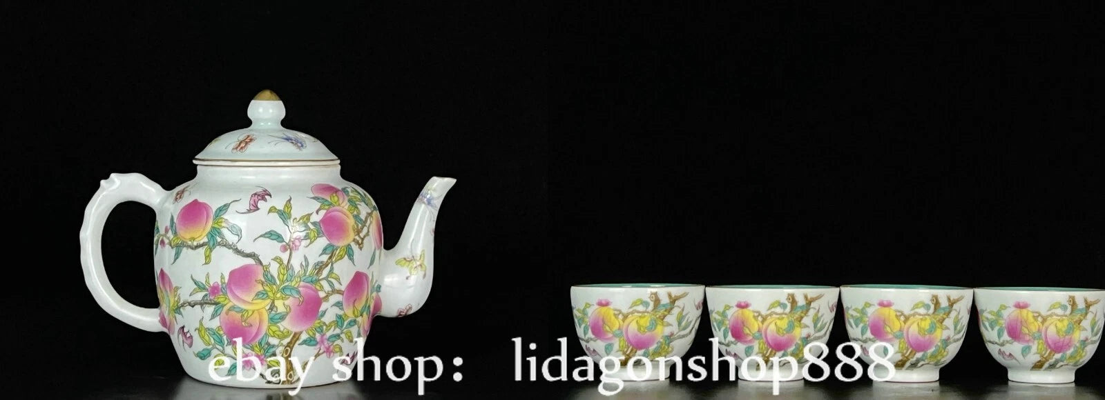 6" Old Chinese Yongzheng Enamel Porcelain Gild Fu Shou Tea Kettle Pot Cup Set