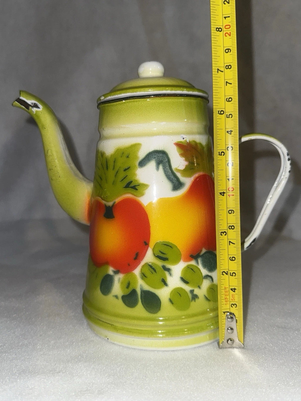 Vintage Enamel Ware Harvest Fruit Design Teapot and 6 Cups