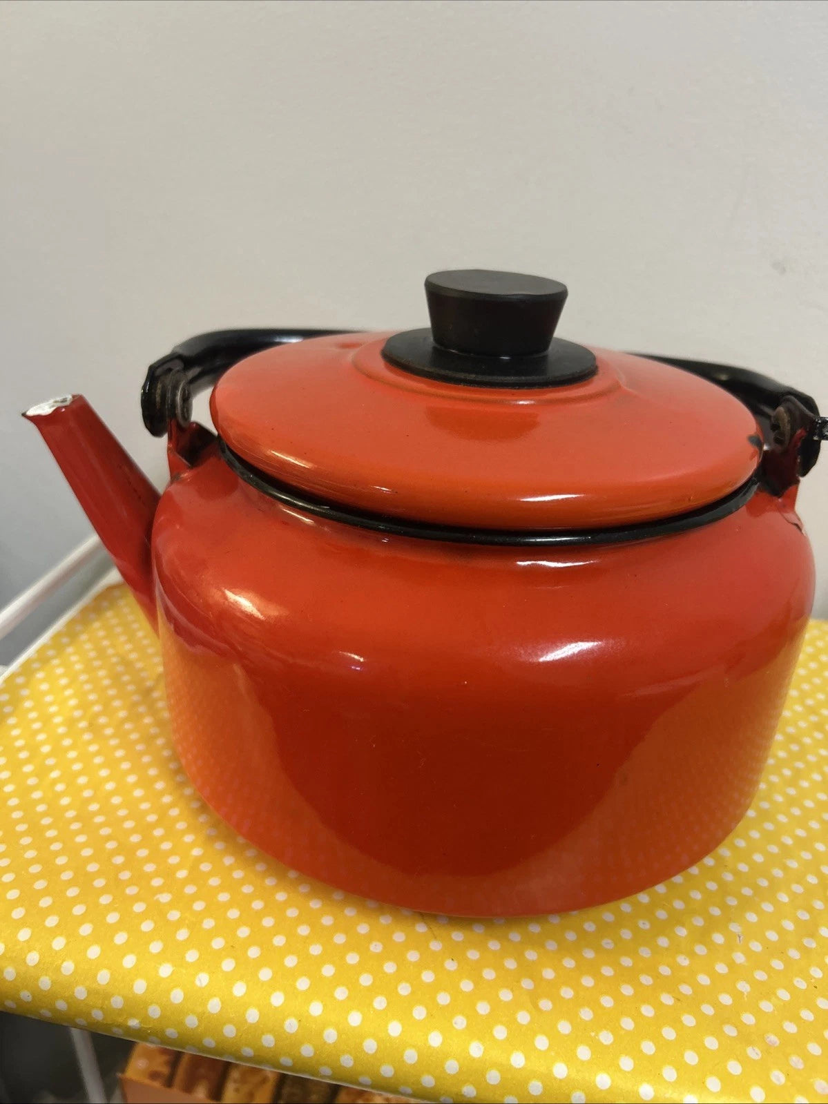 Vintage Orange Black Enamelware Tea Pot Kettle Mod Kitchen Retro 2.5QtPoland MCM