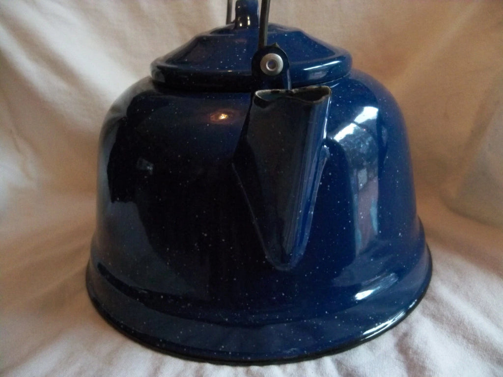 Vtg Blue White Speckled Enamelware Teapot kettle, wire wrap handle, from auction