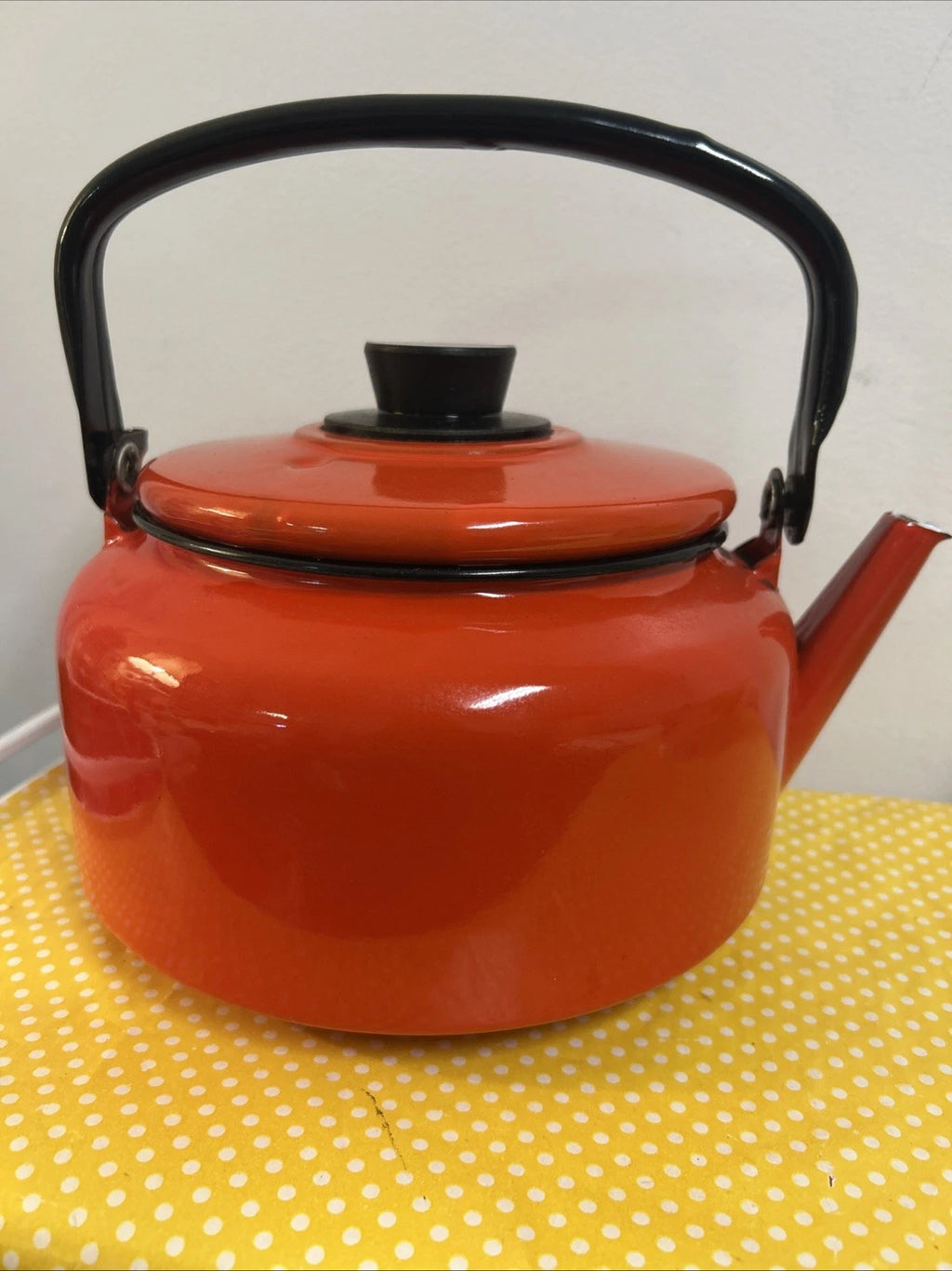 Vintage Orange Black Enamelware Tea Pot Kettle Mod Kitchen Retro 2.5QtPoland MCM