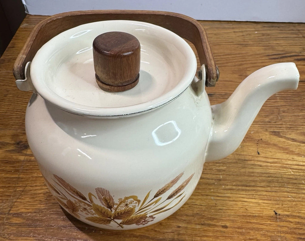 Vintage 80s Gailstyn-Sutton Enamelware Teapot Kettle Country Flower Wood Handle | eBay