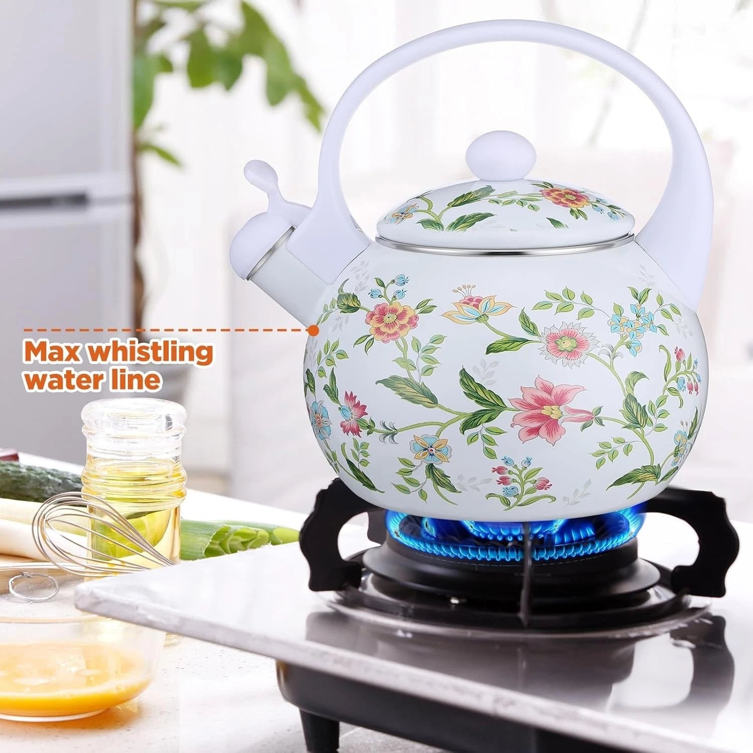 2.3Qt Vintage Enamel Whistling Tea Kettle, Floral Teapot for Stove Top