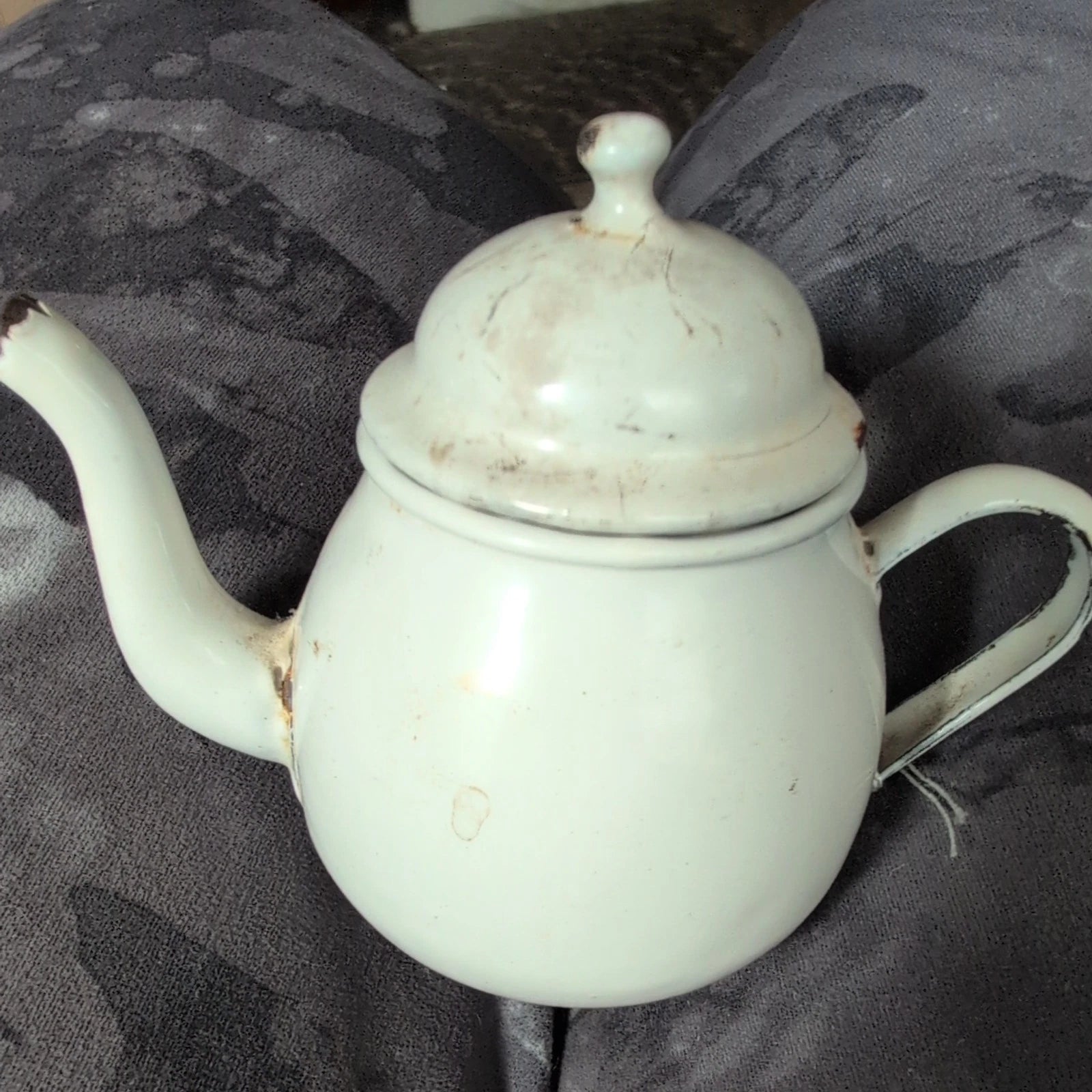 Vintage Enamel/Graniteware Gooseneck White Coffee/Tea Pot Pitcher with Lid 3"