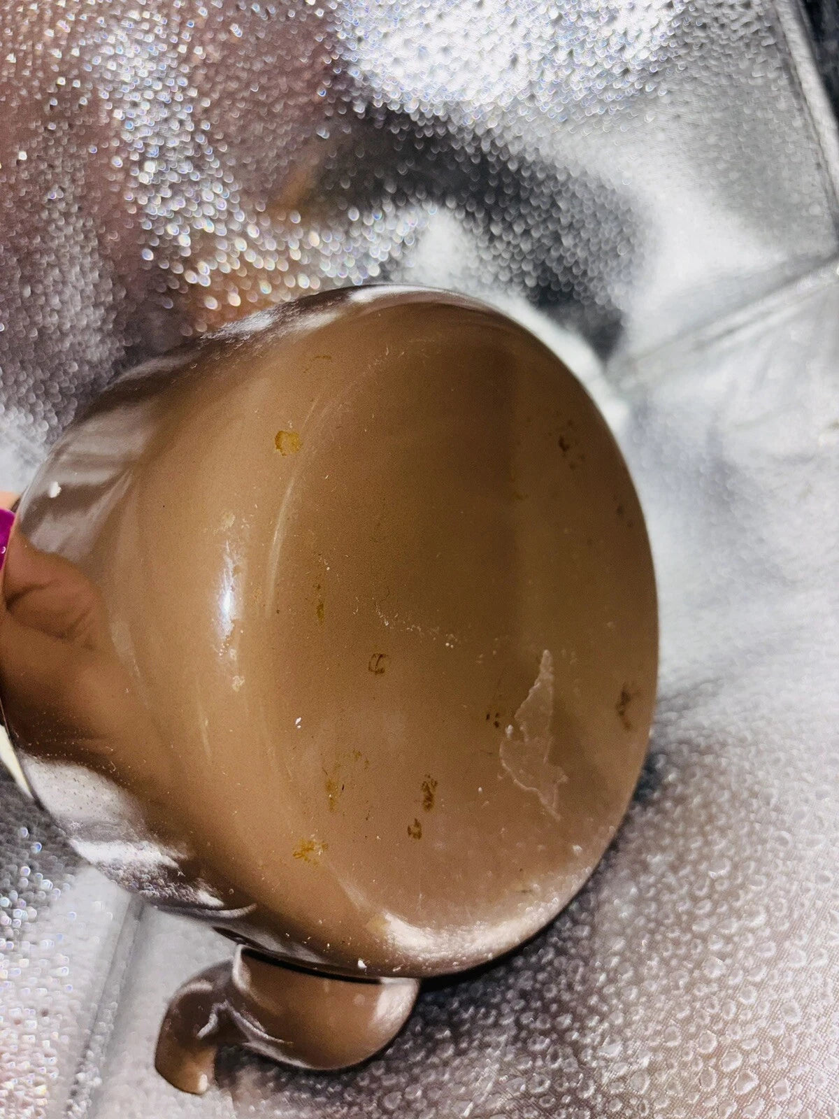 Vintage Small Brown  Enamelware Tea Pot Kettle Wood Handle 6.5" x 4.75"