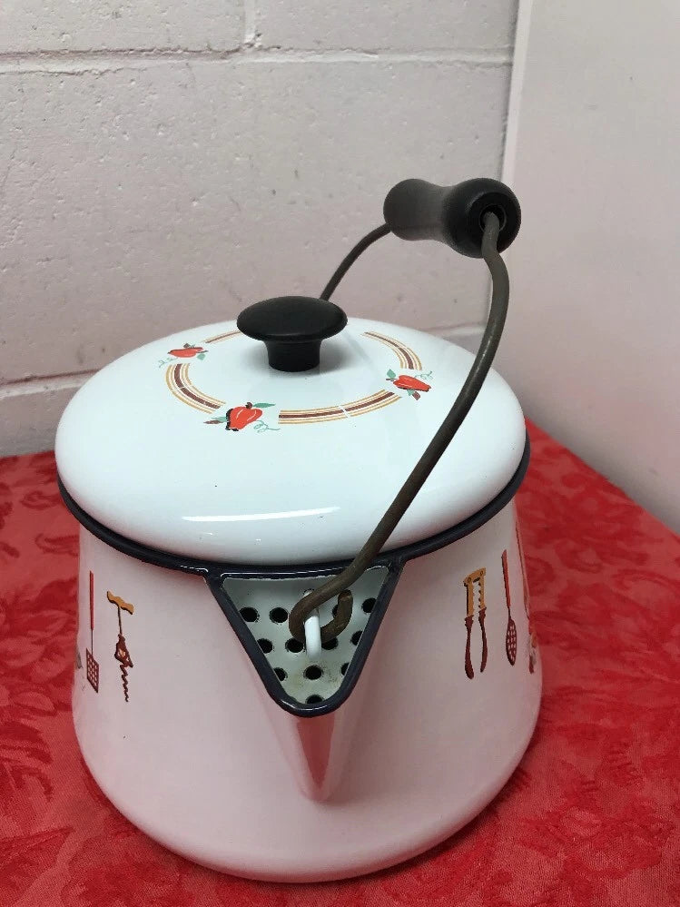 White Enameled 12 C Floral Coffee/Tea Pot Wire & Wood Black Handle  & Knob