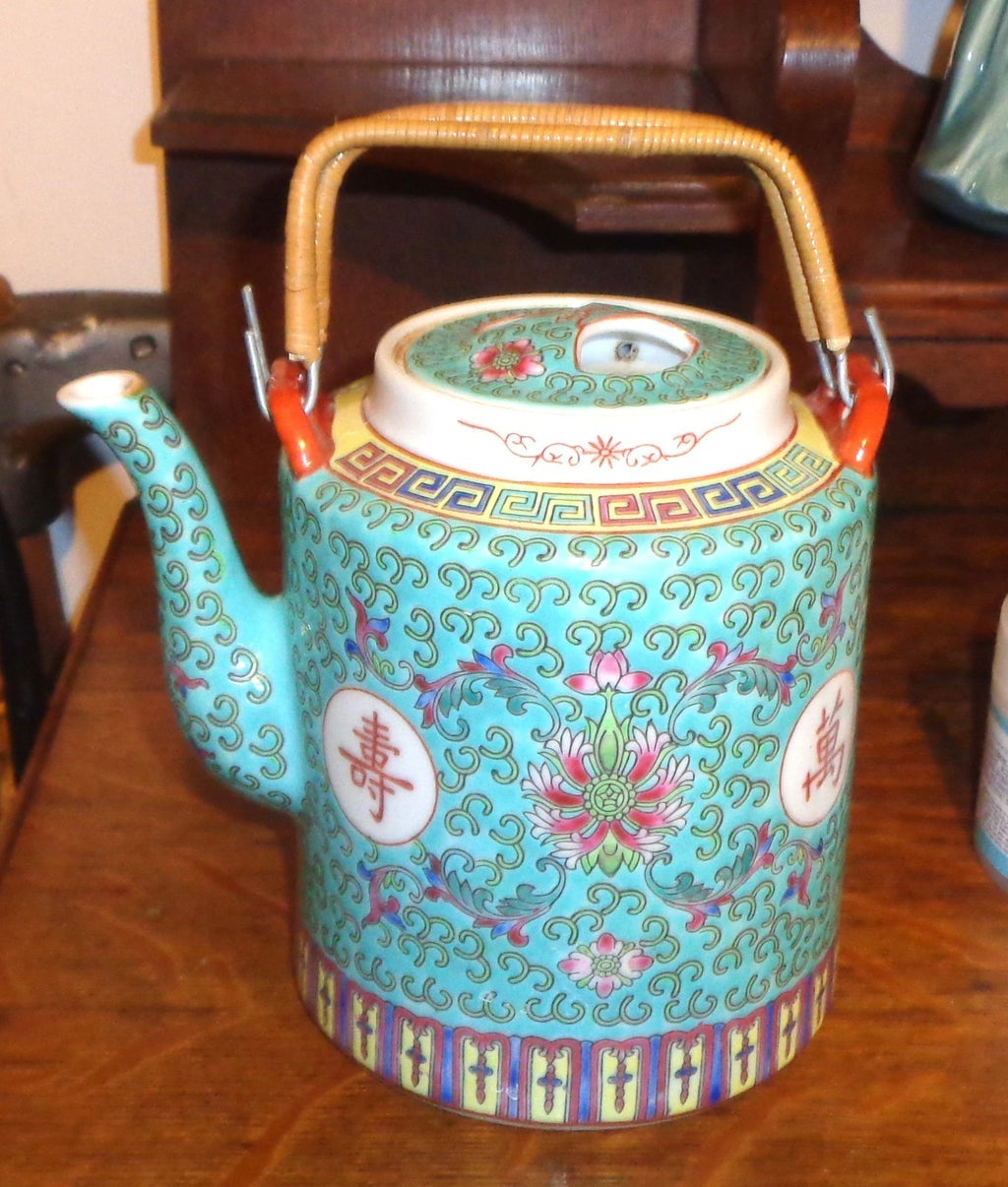 Vtg Chinese Porcelain Famille Verde Enamel Floral Motif Teapot, 6 1/2" W/O Handl