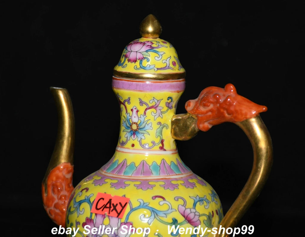 7" Qianlong Enamel Color Porcelain Gilt Dragon Beast Flower Wine Pot Teapot