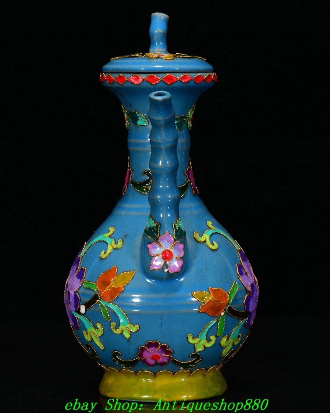 Old Dynasty Ru Kiln Porcelain Cloisonne Enamel Filigree Flower Teapot Teakettle
