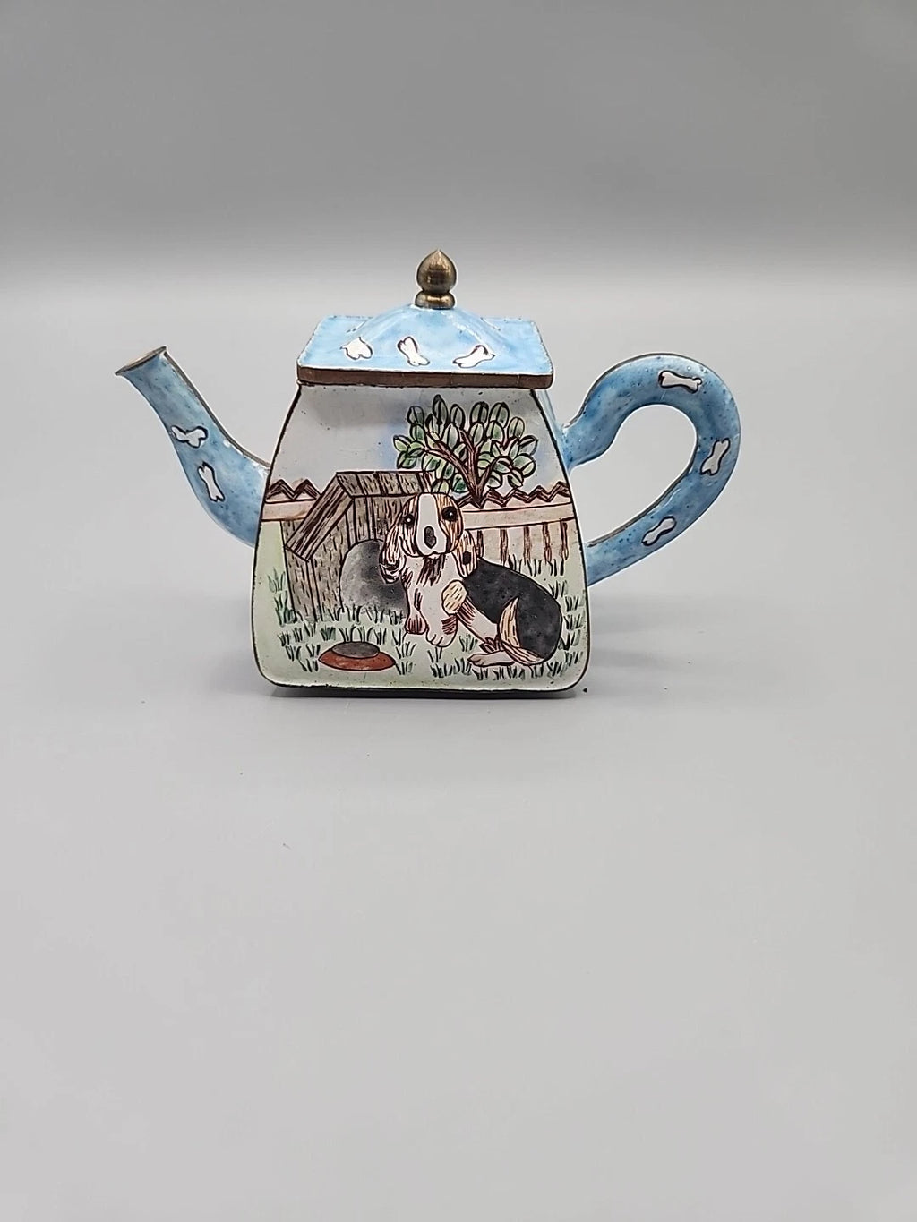 Vintage Enamel on Brass Miniature Teapot Hound Dog Bone Dog Lover Rescue 5x2"