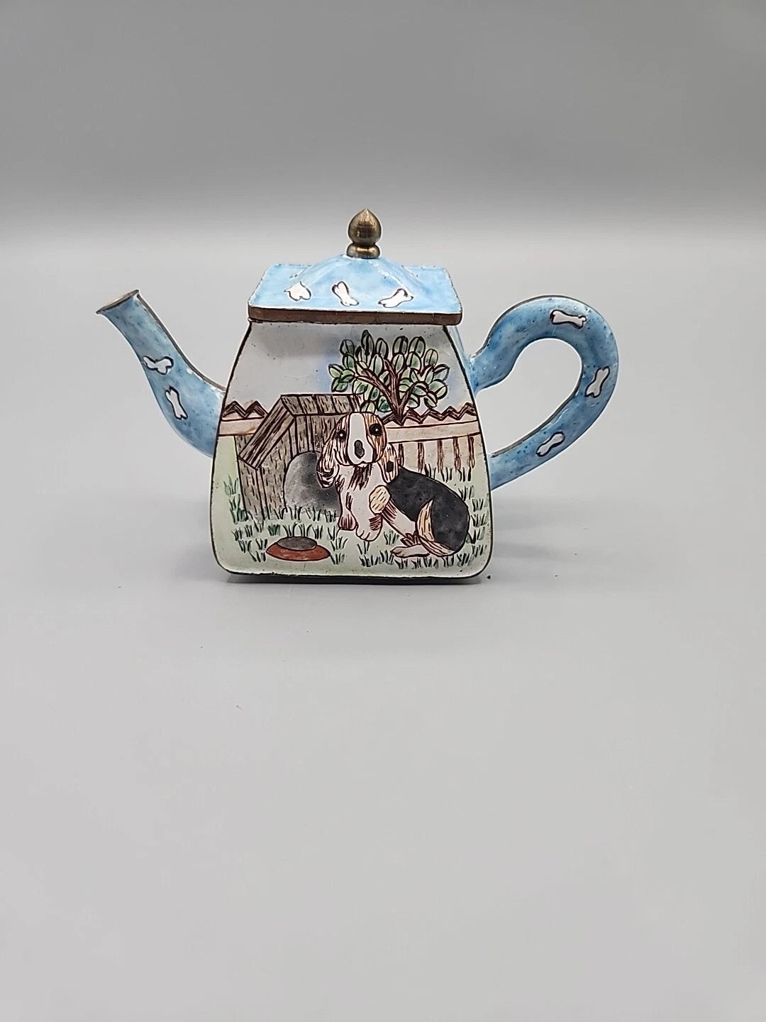 Vintage Enamel on Brass Miniature Teapot Hound Dog Bone Dog Lover Rescue 5x2"
