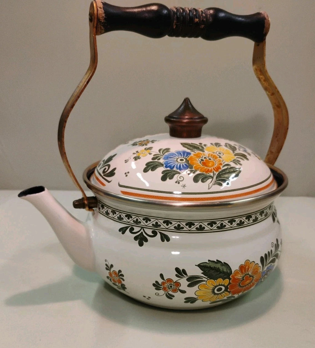 ASTA White Floral Enamelware Old Amsterdam 8.5” Dutch Oven & Teapot PRISTINE!!!