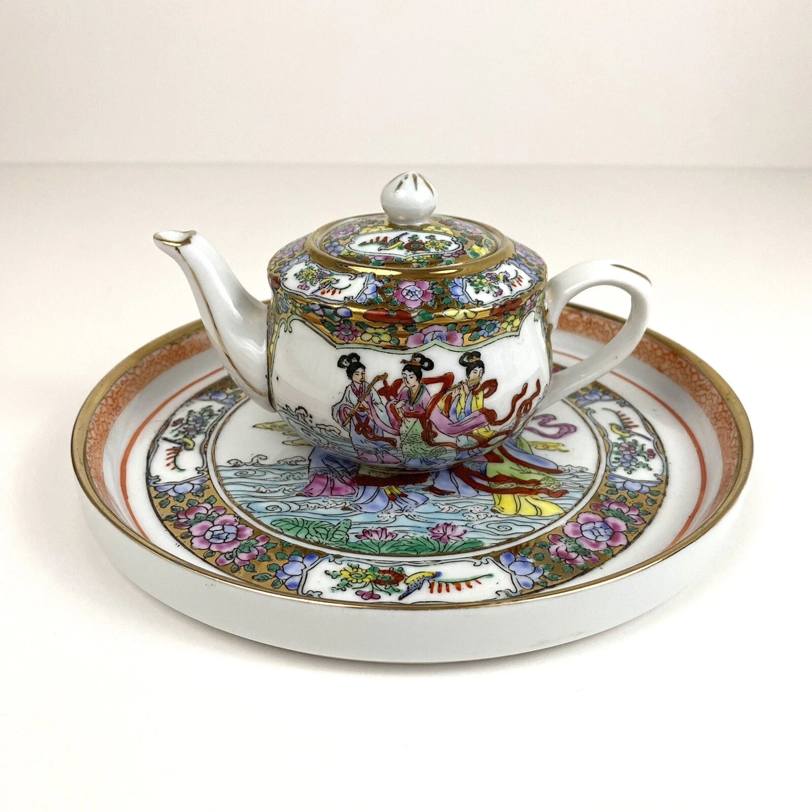 Vintage Yi Xing Company Enamel Porcelains Colored Ceramic Teapot And Tray Set