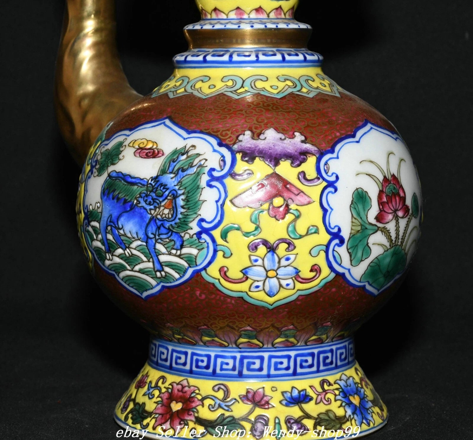 8" Qianlong Colour Enamel Porcelain Gilt Dragon Qilin Lotus Wine Tea Pot Flagon