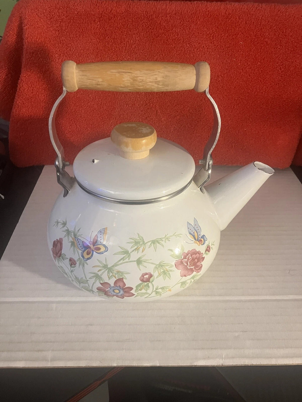 VTG Enamel White Tea Pot Kettle Wood Handle Spring Flowers & Butterflies DWK | eBay