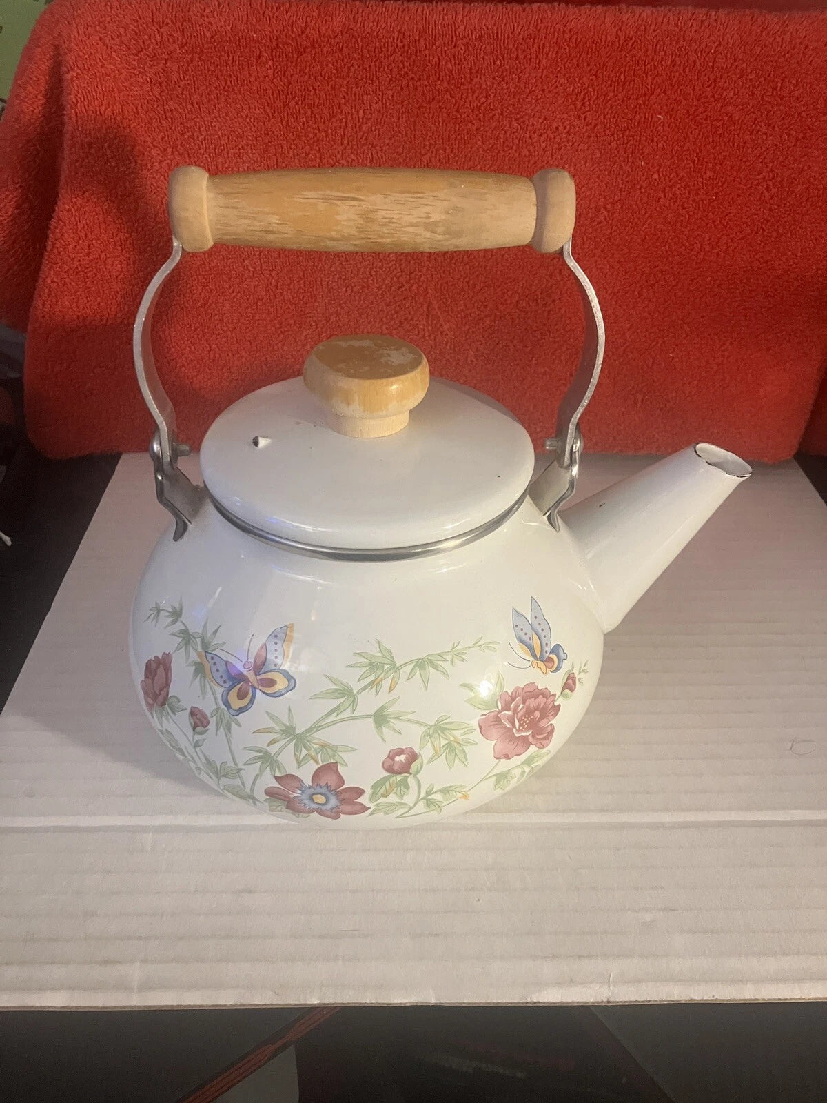 VTG Enamel White Tea Pot Kettle Wood Handle Spring Flowers & Butterflies DWK | eBay