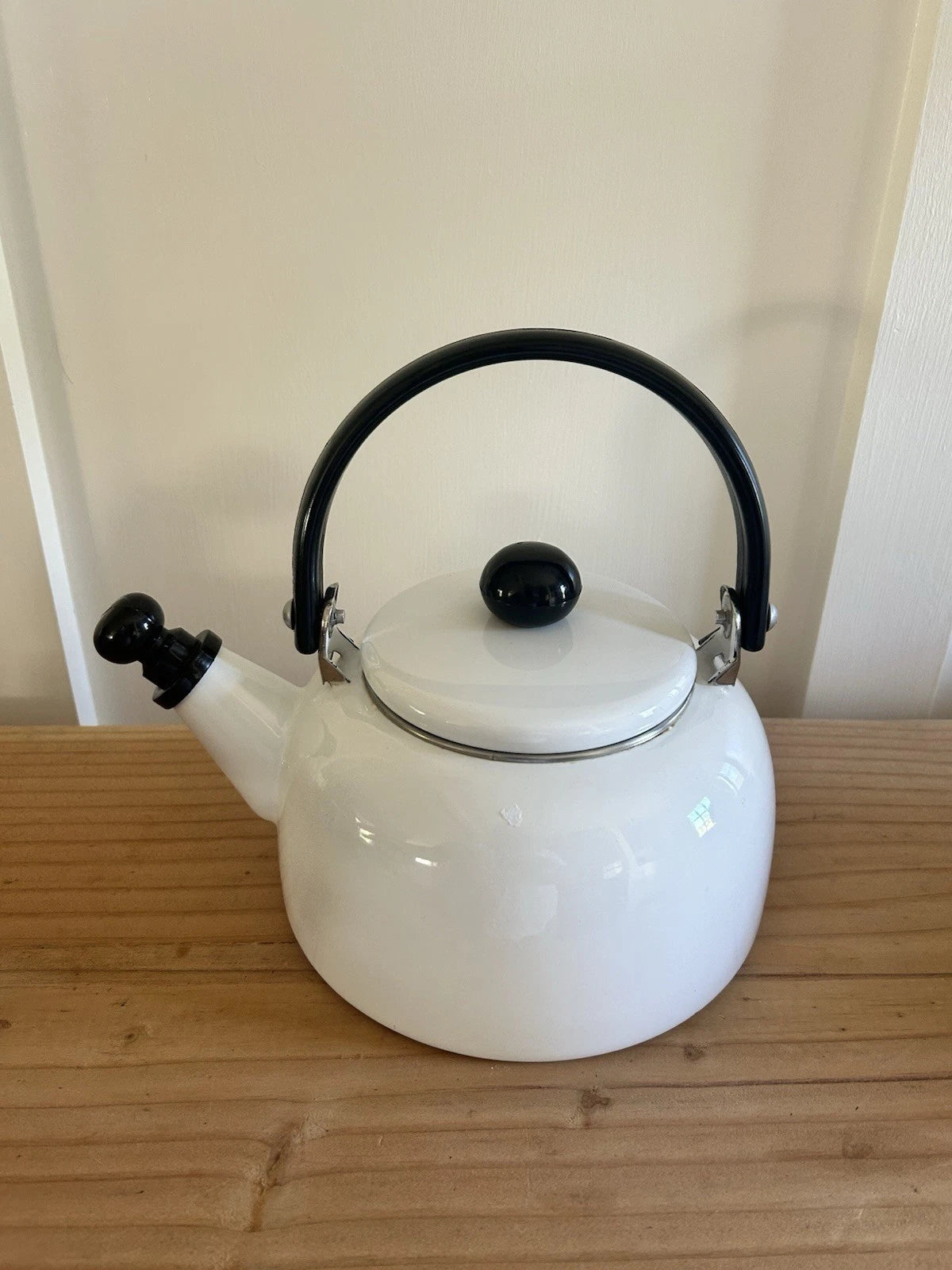 Vintage White Enamel Tea Kettle Retro Stovetop Teapot Whistling Tea Pot MCM | eBay