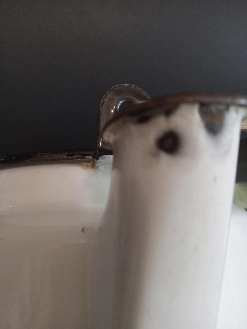 Vintage White Enamelware Tea Kettle Teapot/ Black Trim