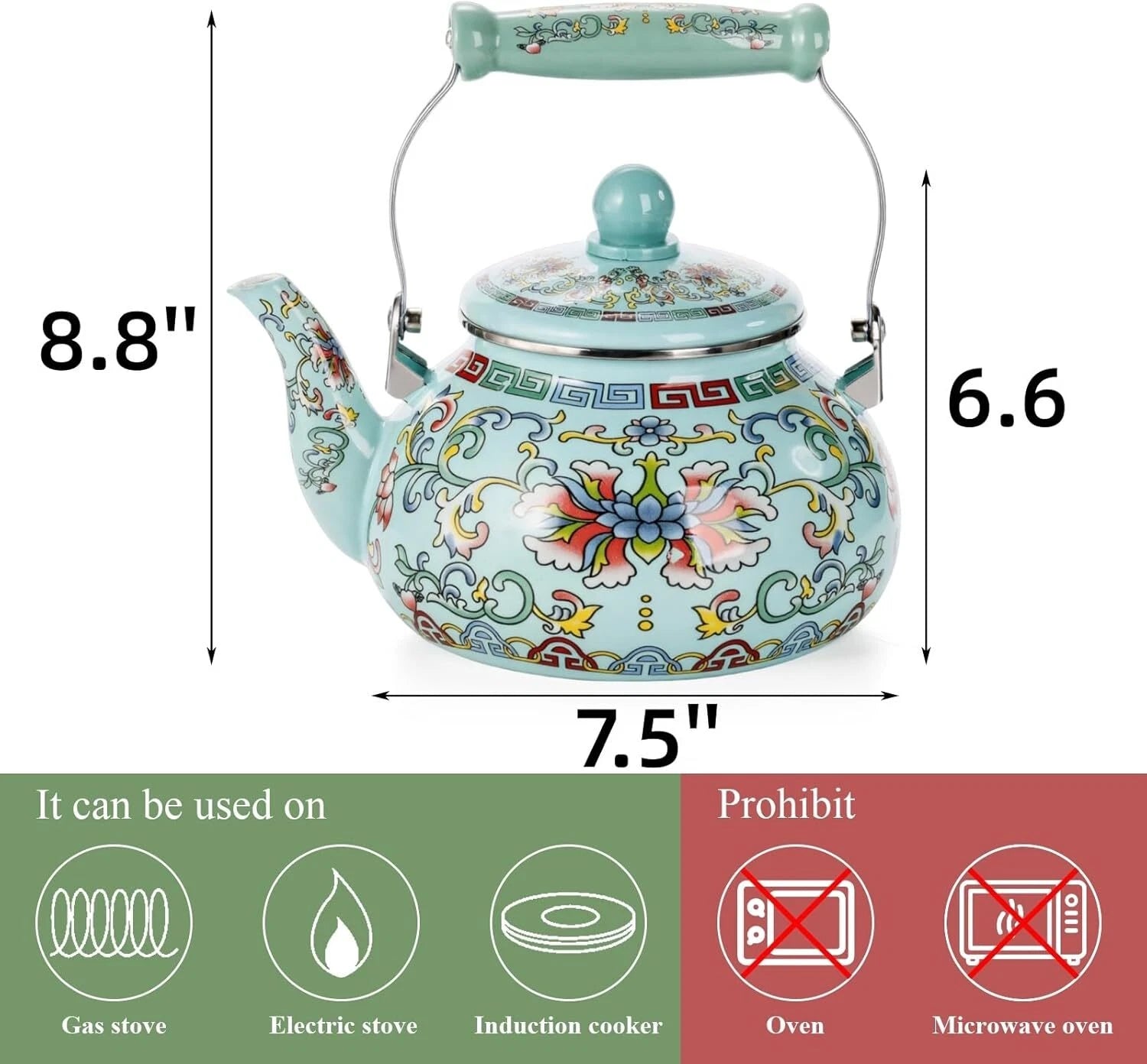 2.6 Quart Floral Enamel Tea Kettle, Vintage Enameled Teapot Stovetop, Enamel on