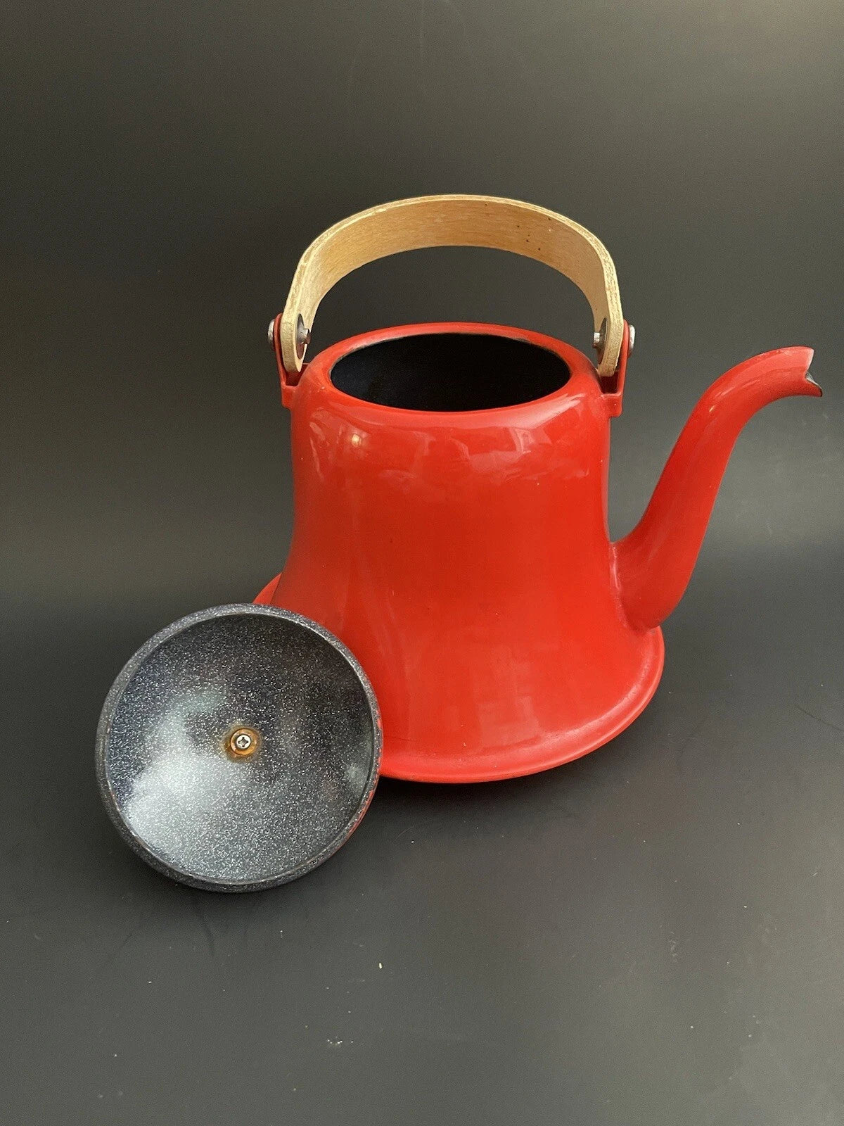 Vtg Red Enamel Coffee /Tea Pot/Kettle With Wood Handle