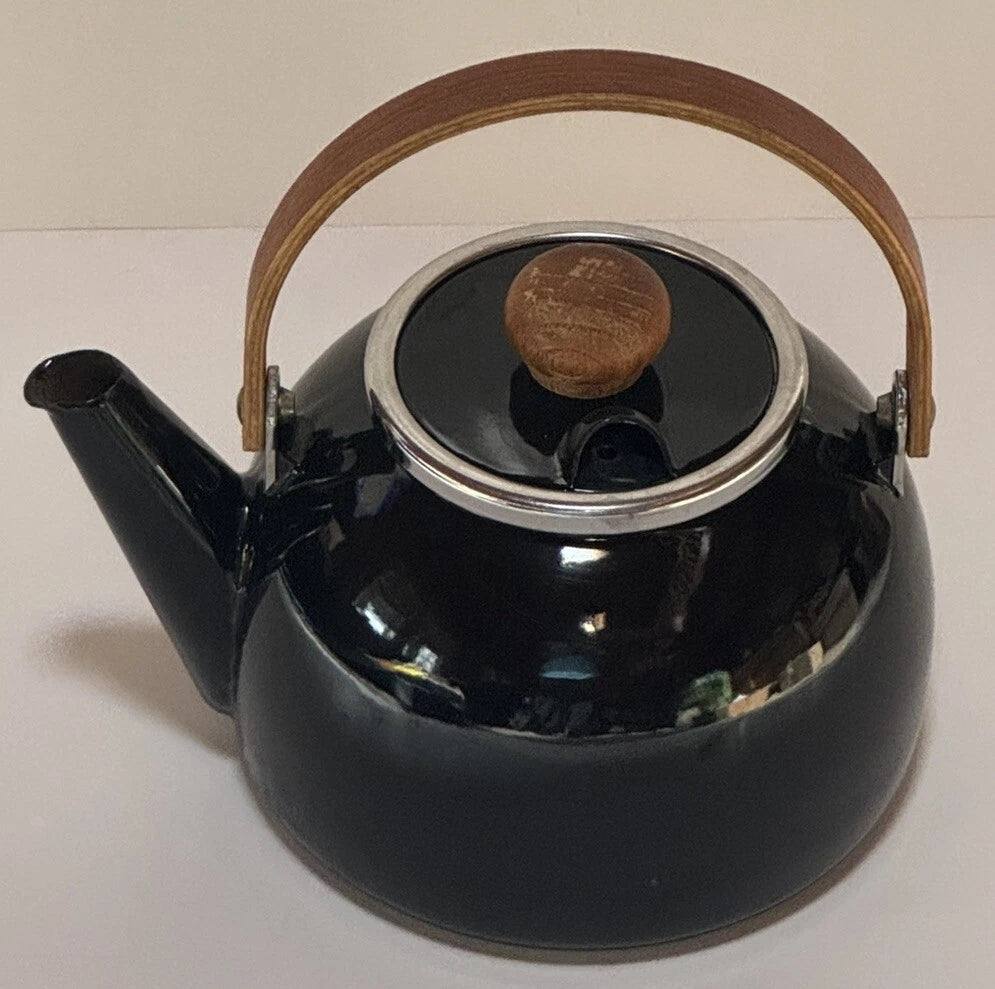 Vintage Black Enamel Teapot Tea Kettle with Lid Wood Handle & Knob MCM | eBay