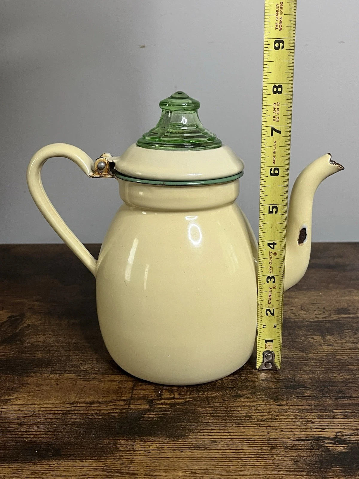 Vintage Enamelware Coffee Tea Pot Cream with Green Trim Uranium Glass Top | eBay